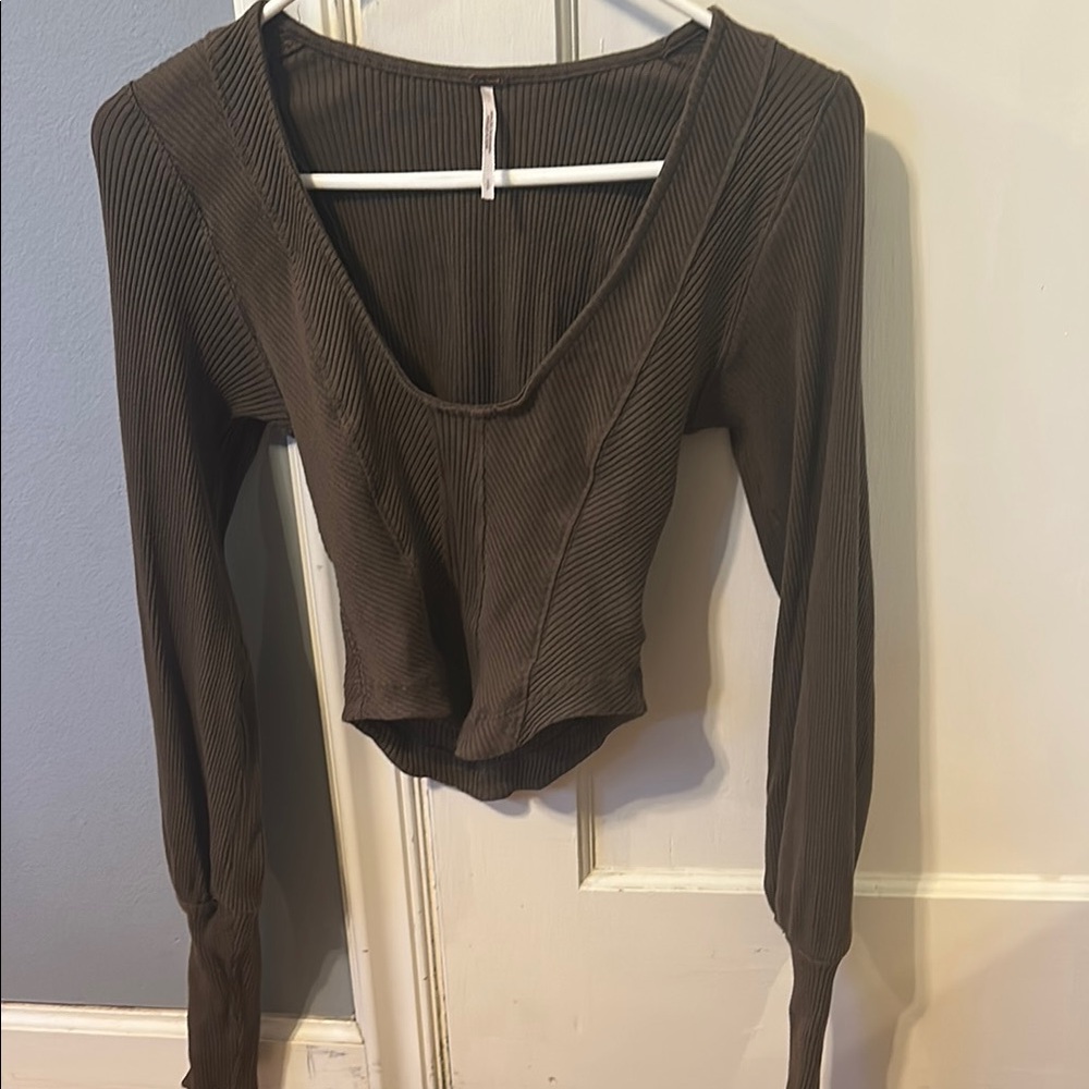 Brown Ribbed Long Sleeve Top